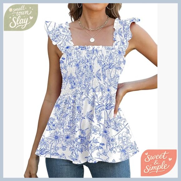 Tops - Ruffle Sleeve Smocked Tank Top, Square Neck Babydoll Shirt, Polyester Blend